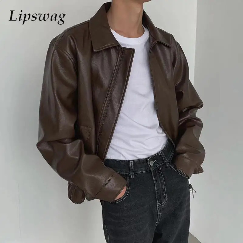 Vintage PU Leather Jackets Men Autumn Fashionable Solid Color Lapel Zip-up Leather Coats Men Stylish Loose Long Sleeve PU Jacket 260918