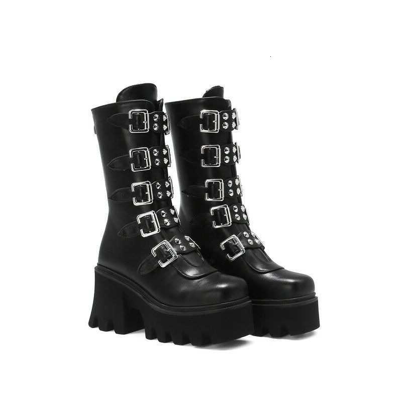 Botas punk 2024 Botas de mujer Damas Cosplay Botas altas Confort Botas de cuero de tubo largo Cuñas de plataforma Zapatos de mujer Estilo gótico H26