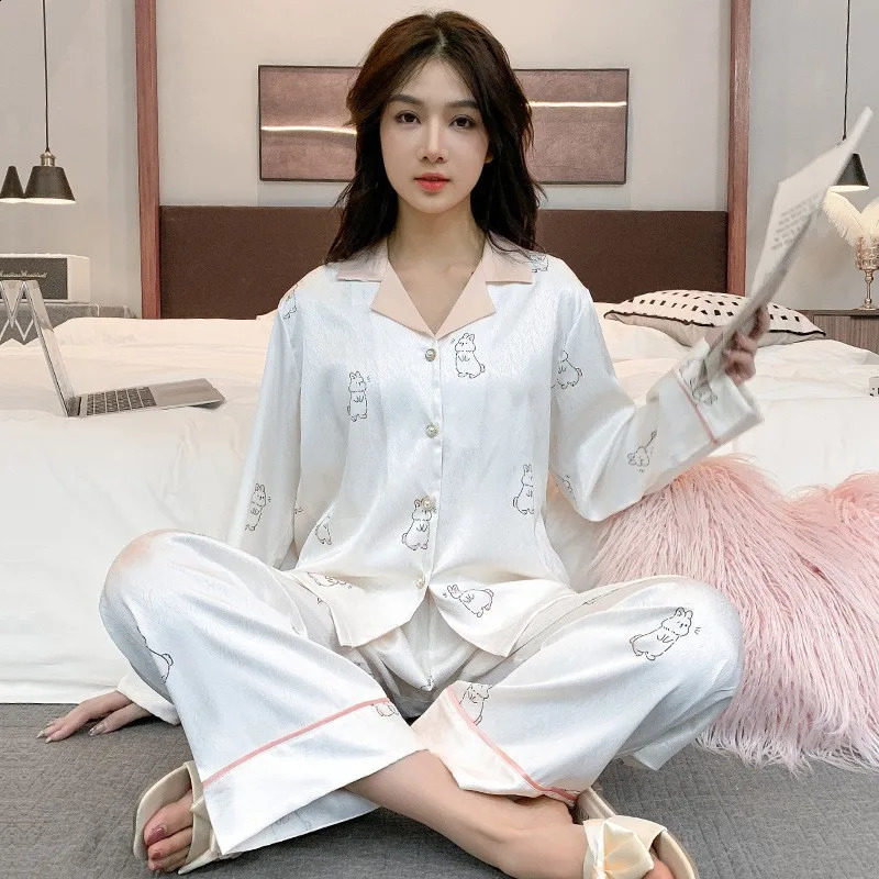 Women's Ice Silk Pajama Set Long Sleeve Pants Lightweight Sleepwear for Spring And Autumn Comfortable Homewear Pj 260920