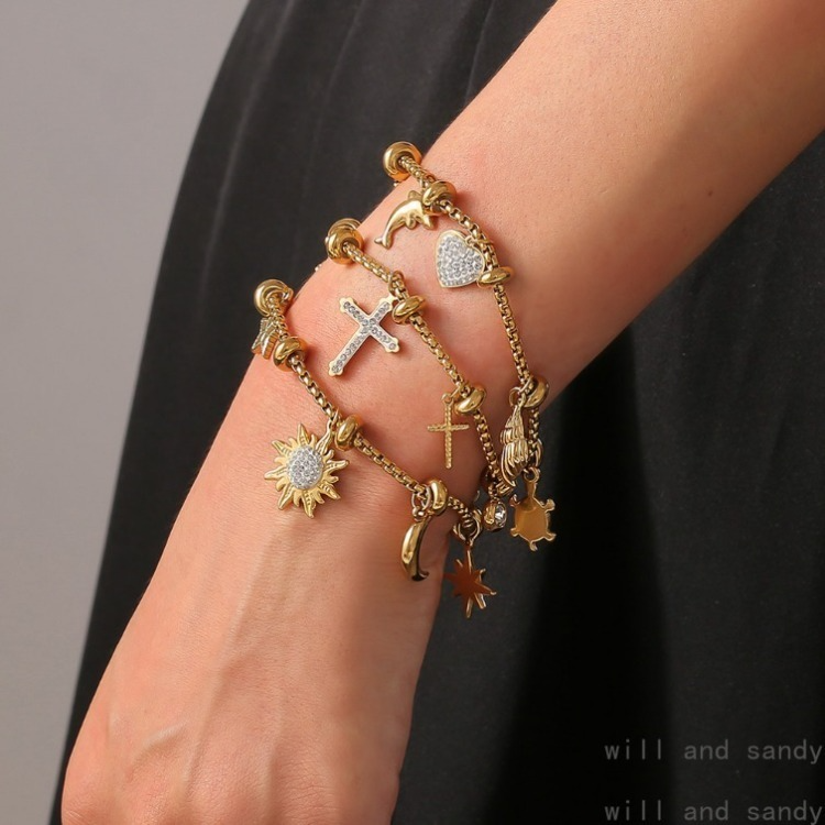 18k Gold Plated Chain Zirconia Bracelet Cross Moon Starfish Heart Charm Snake Bangle Cuff Designer Jewelry for Women Lady Valentine Birthday Mother