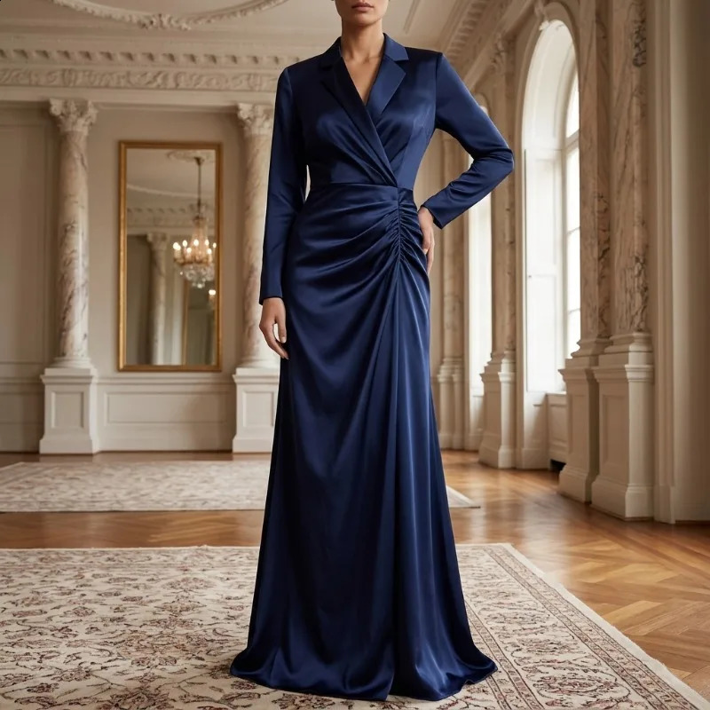 Yeezzi Women Elegant Formal Lapel V Neck Evening Pleated Dress Ruched Waist Long Sleeves Cocktail Party Maxi Dresses 260920