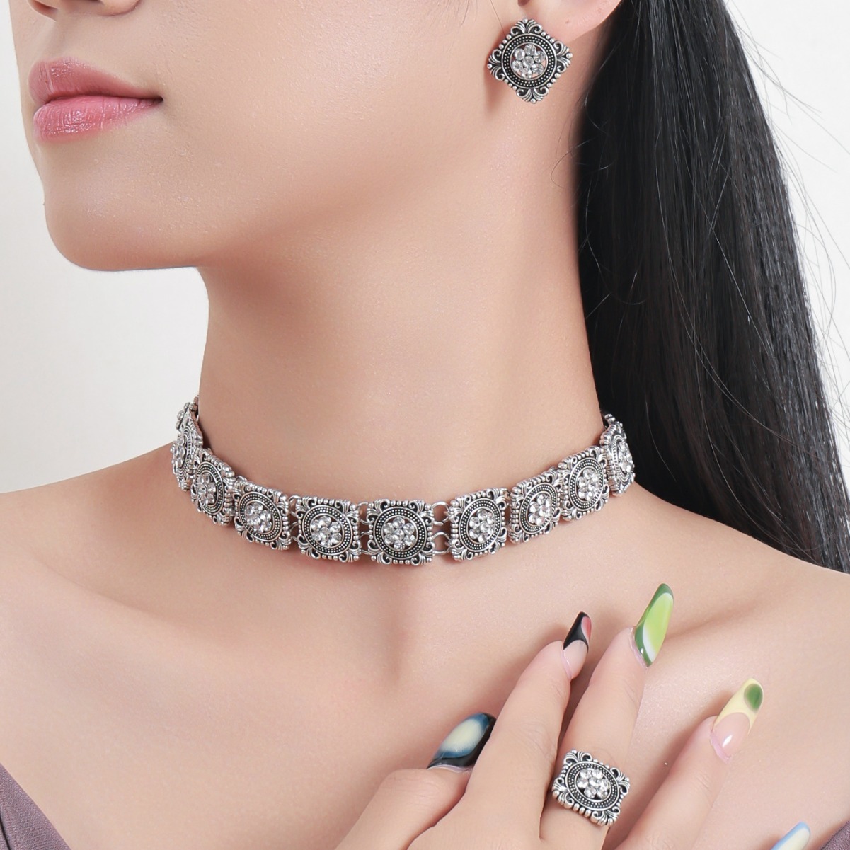 vintage diamond-studded floral geometric square gemstone European American court-style necklace, earrings, and ring three-piece set