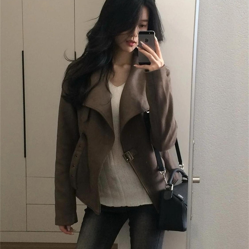 Retro American Suede Motorcycle Jacket Women's Spring Autumn n Large Collar WaistCinching Short Outerwear y260920