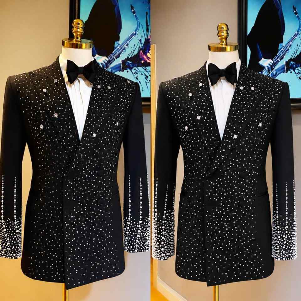 Luxury Man Tuxedos Crystal Beaded Double Breasted Wedding Suit Fashion 1 Piece Jacket Evening Groom For Party Customized