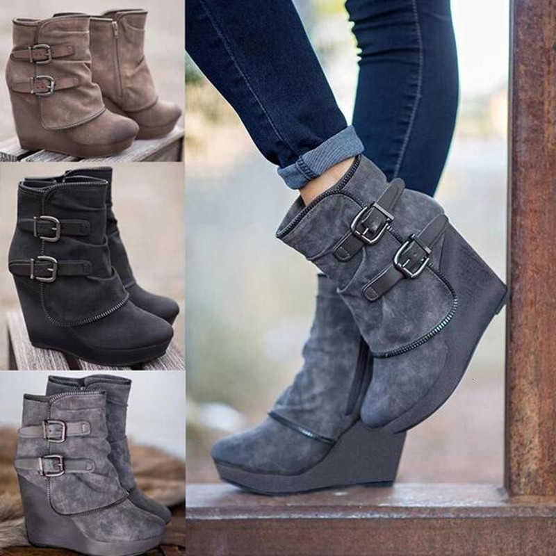 Stivaletti moda alla caviglia Stivali da donna in pelle scamosciata con zeppa con cerniera Tinta unita Stivaletti corti Scarpe con punta tonda Scarp