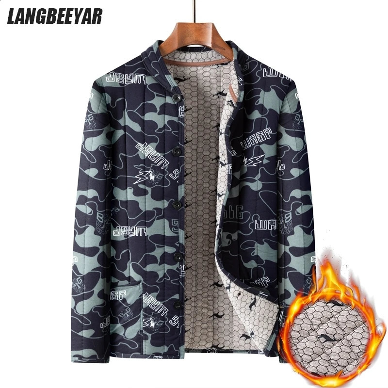 Premium Thick Warm Fleecelined Velvet Camouflage Stand Collar Autumn Winter Casual Fashion Men Parka Jacket Cold Weather Coats 260920