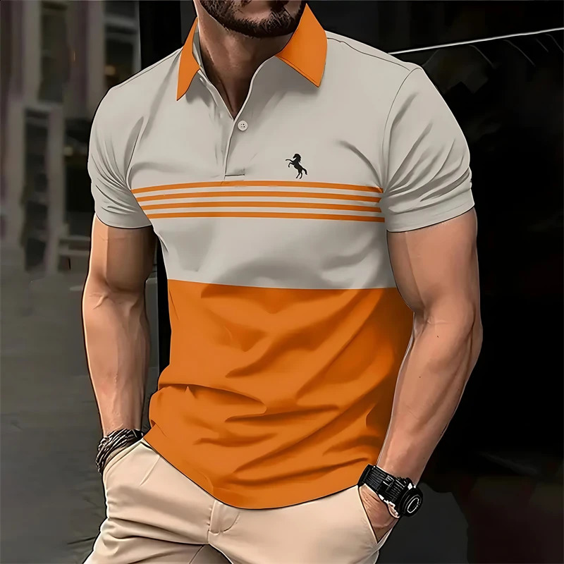 Simple Striped Horse Pattern Polo Shirts For Men Fashion Summer Short Sleeve 3D Printed Polo Shirt Casual Oversized Lapel Tees 260920