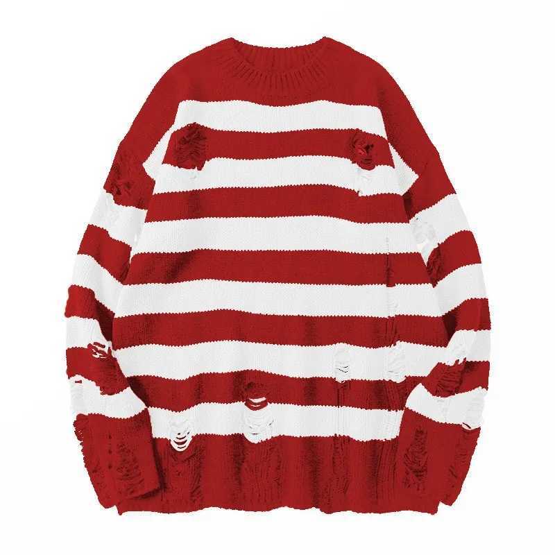 2025 Striped Sweaters Punk Unisex Sweater Autumn Hollow Out Hole Broken Jumper Loose Oversized Pullouvers Harajuku Streetwear S260921I8U3