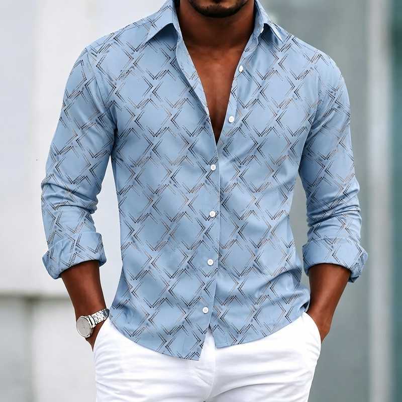 Casual Shirts Men's shirt Men's with geometric grid printed long sLeeved shirt for spring business and leisure loose collared men's s