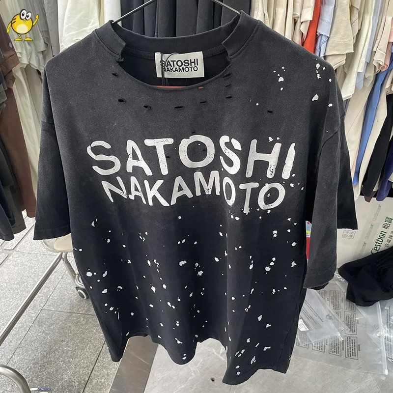Satoshi Nakamoto T Shirt Men Woman Fashion Crewneck Washed Damaged Hole Old Graffiti Top Tee Print Short Sleeve Streetwear 260918