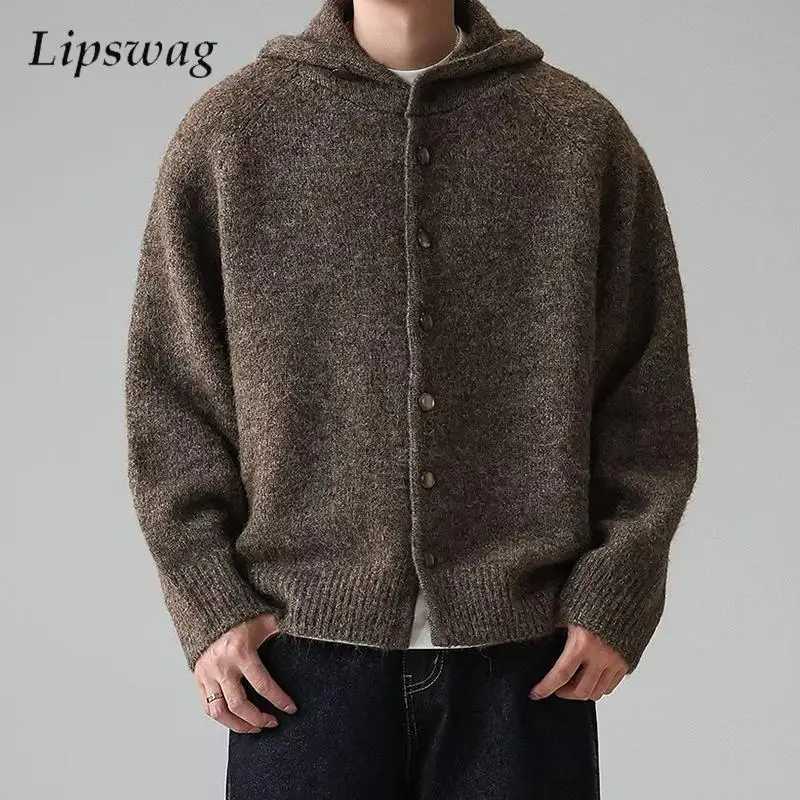 2026 Spring New Casual Mens Hooded Cardigans Knitting Solid Color Buttoned Sweater Jacket Men Winter Trendy Hooded Sweatercoats S260918354Z