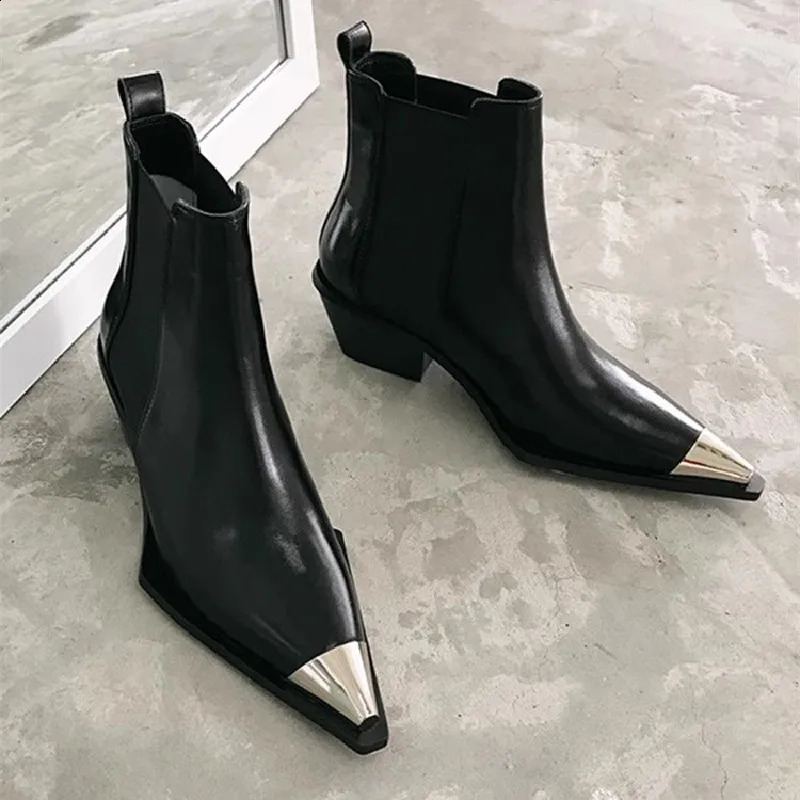 Botas de mujer y ner Botines Chelsea con punta en pico a la moda para mujer Tacón con punta de metal Tacones altos Botas con cremallera lateral 2609