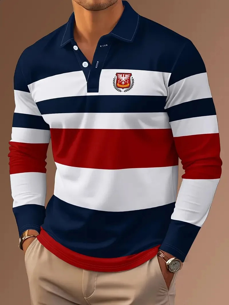 The Men's Long-Sleeved POLO Shirt for Spring and Autumn Is Casual Fashionable and Comfortable with 3D Striped Printing 260920
