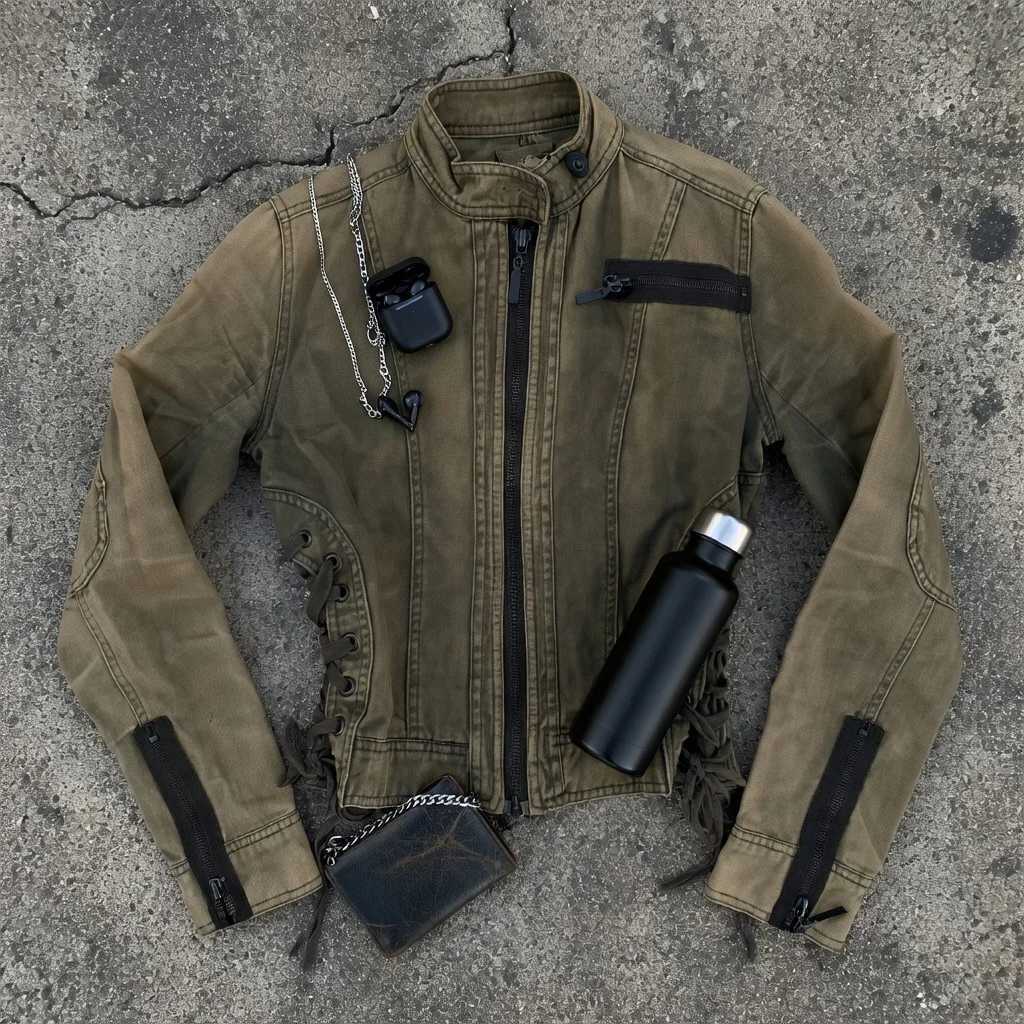 Brown Women's Vintage Jackets Y2K Biker Jacket Women Lace Up Side Slim Fit Stand Collar Short Moto Coat Grunge Streetwear C260921