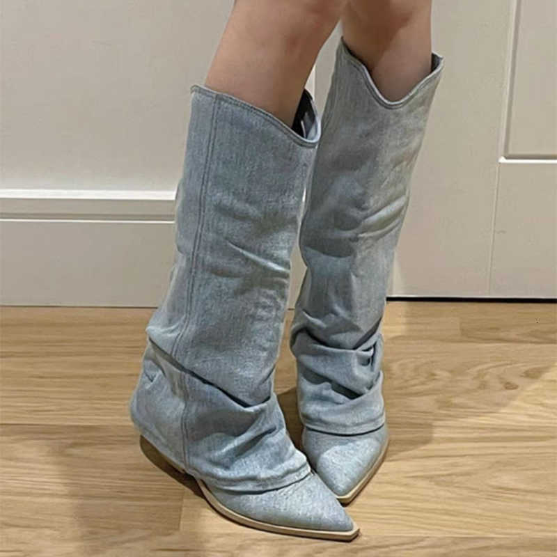 Fashion Pleats Women's High Boots Boots Spring Autumn Pointed Toe Blue Denim Boots for Women Square Heel Knee High Long Botas Woman H260921