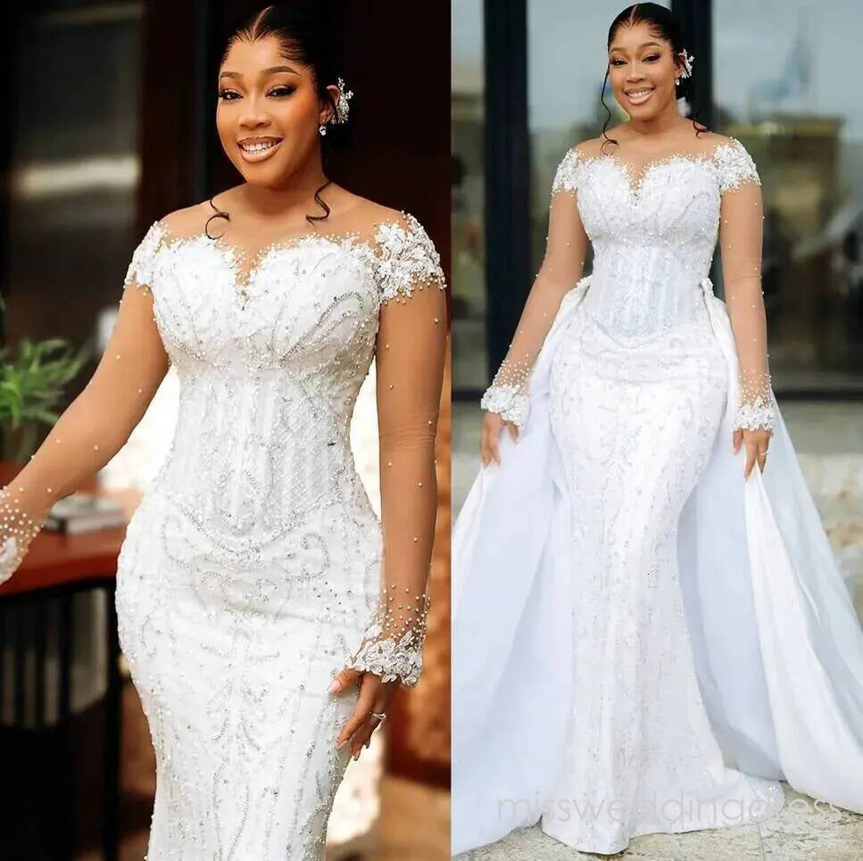 Aso Arabic Ebi Plus Size Off White Mermaid Wedding Dresses Laceful Beaded Detachable Train Full Sleeves Vintage Elegant Bridal Gowns Dress Bd916