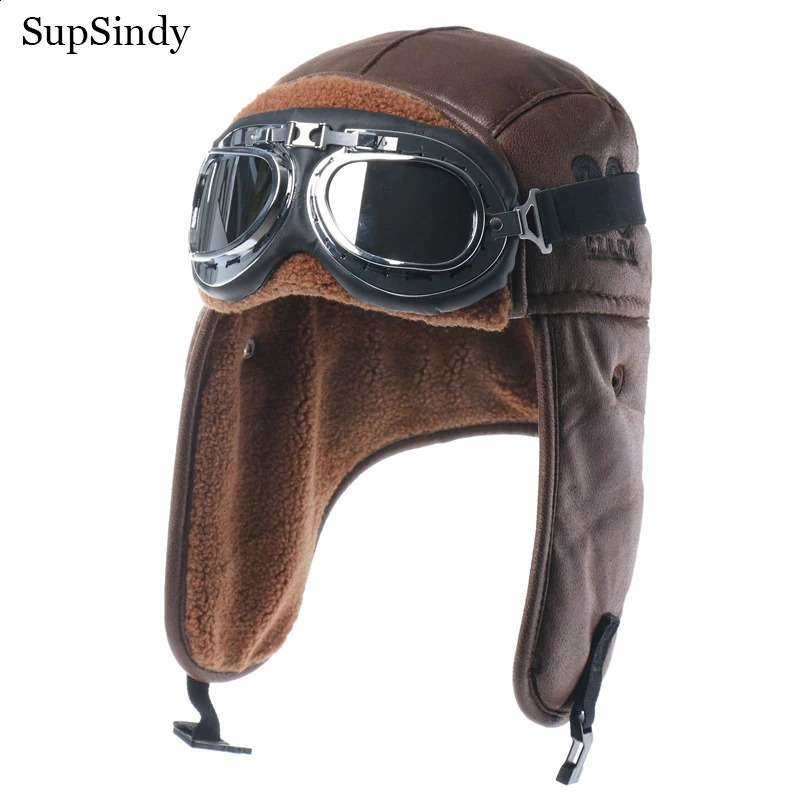 SupSindy Men Winter Bomber Hat With Goggles Outdoor Motorcycle Windproof Warm Faux Fur Pilot Earflap Hat Leather Thermal Ushanka260918