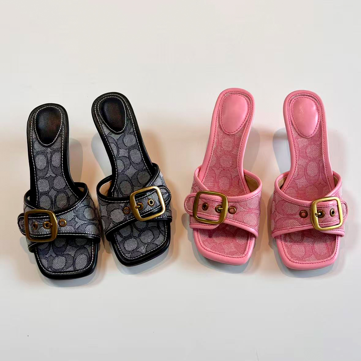 Fashion New kitten heel Summer Women Mules Slippers 1 1 Designer Slide Dress Shoes Sexy heels luxury Square Toe Vintage Print Metal Buckle Sandal Ou