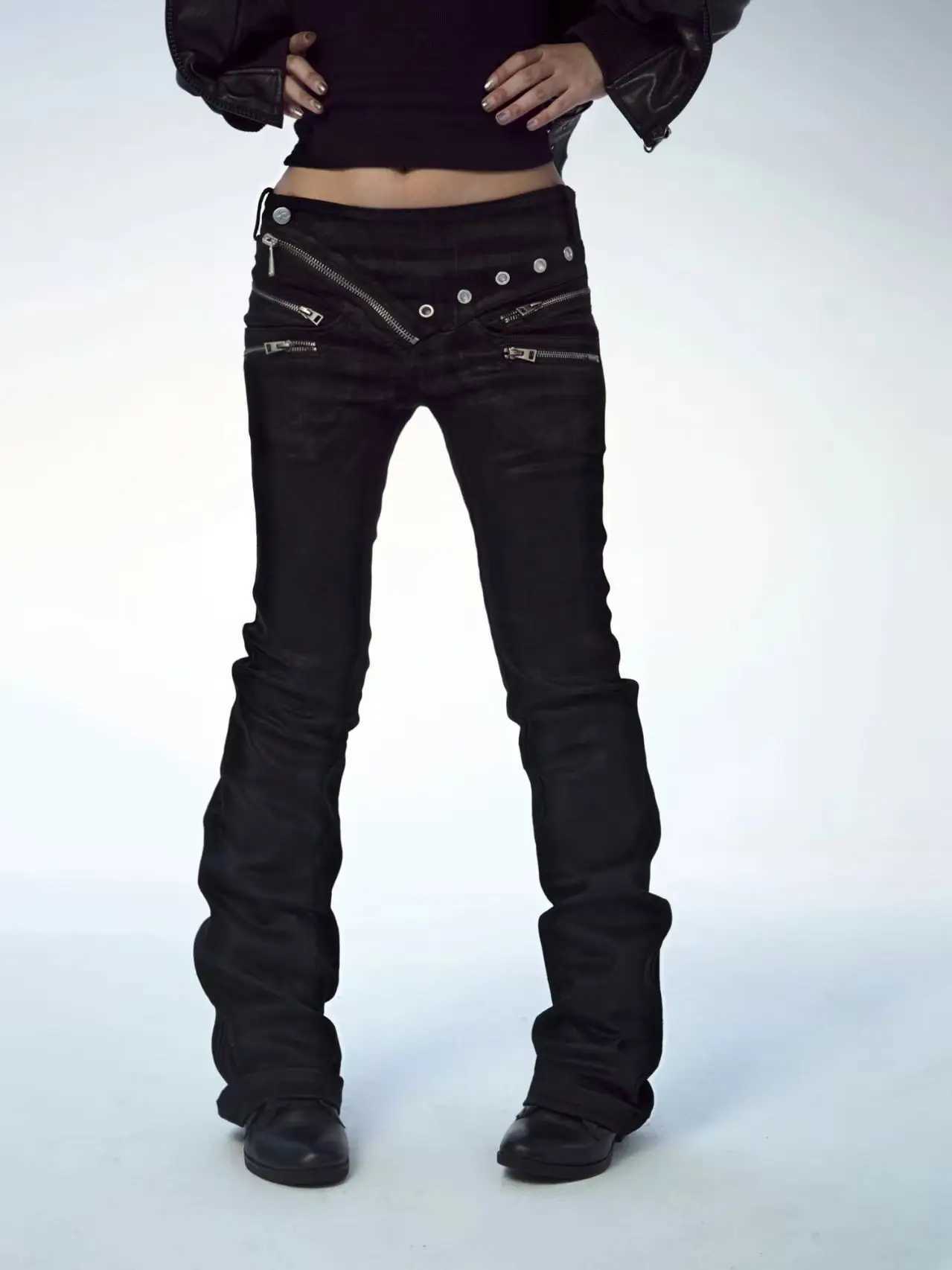 American Retro Dark Punk Style Women Jeans New Street Harajuku High Street Splicing Zipper Floor Pants S260921BXYN