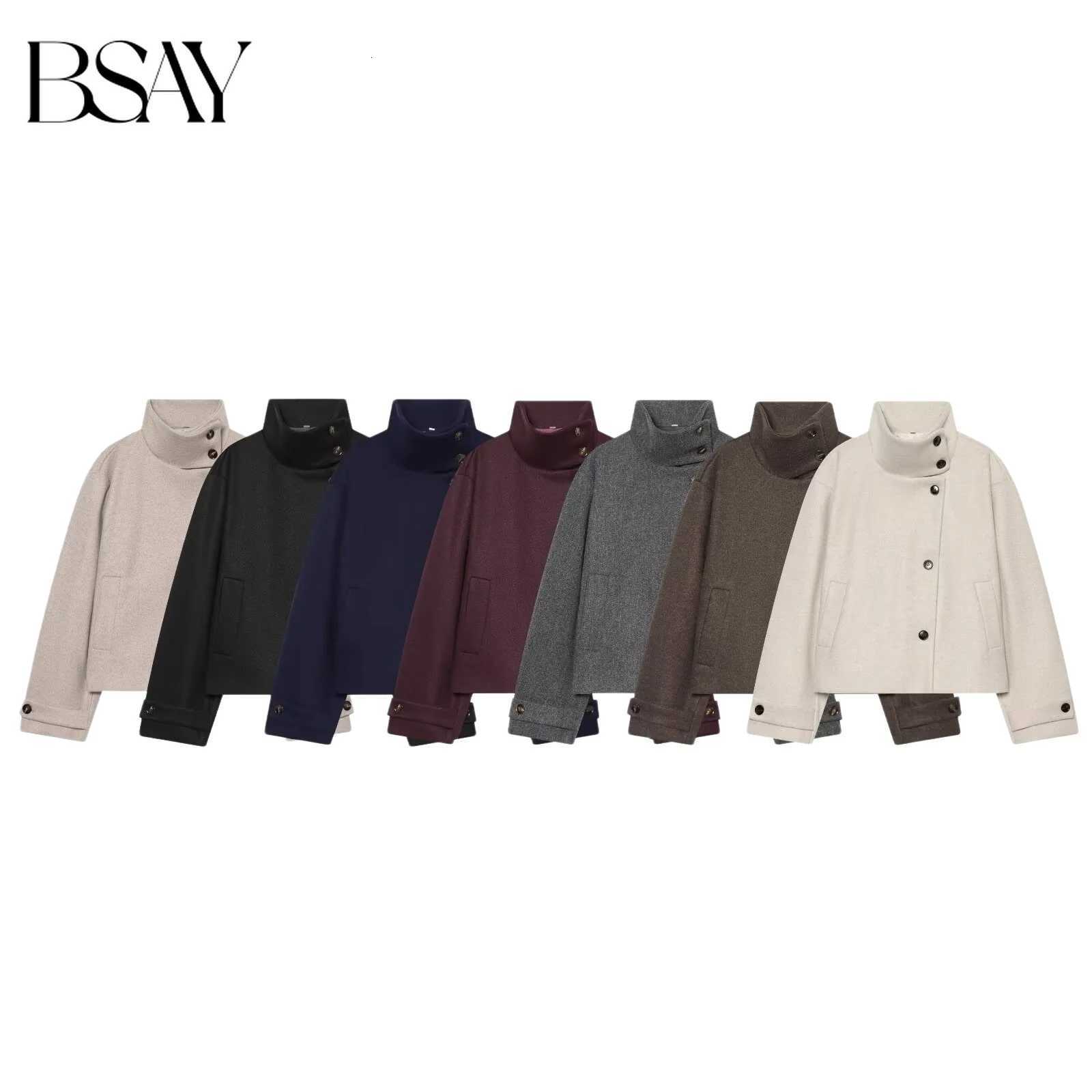 Jackets BSAY 2026 Autumn Women's Korean Style Women's Stand Collar Asymmetric Button Short Jacket Long Sleeved Pockets Loose Woolen Short