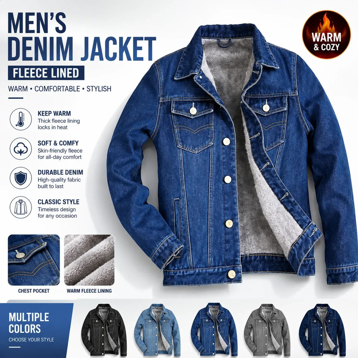 Men's Fleece Lined Denim Jacket Denim Jacket with Button Closure and Chest Pockets Warm Casual Jean Jacket for Winter Outdoor 260920