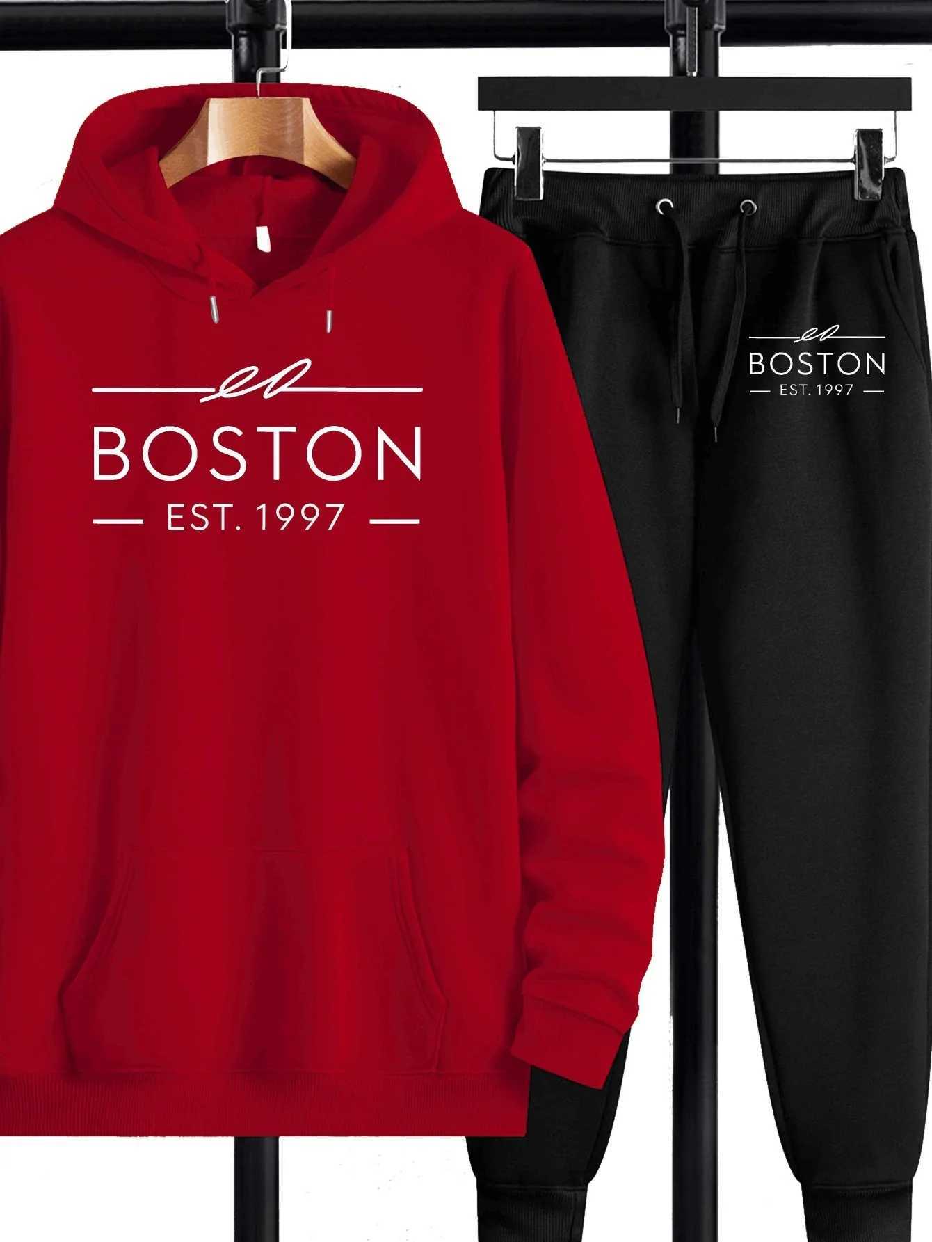 boston Sweatshirts 2026 Men's Hoodies letter printed sportswear set men's hooded sweatshirt long pants set spring and autumn winter warm s