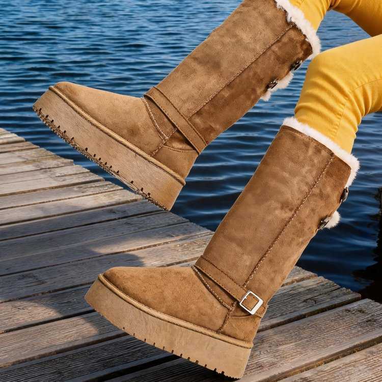 2026 Women's snow boots reversible design with buckle high-top cotton shoes fleece-lined for warmth long fur boots L26921