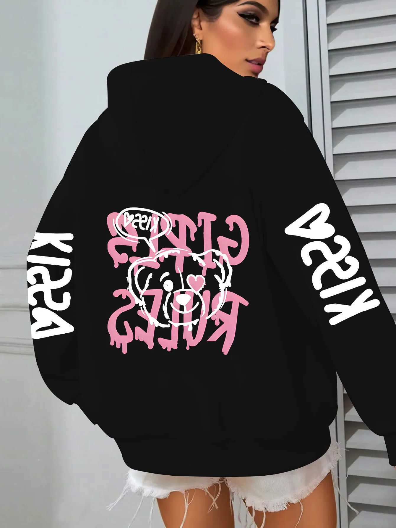 Y2K Sudaderas con capucha para hombre Sudaderas con capucha unisex con estampado de oso Reglas Letra Manga trasera Estampado Sudadera con forro suel