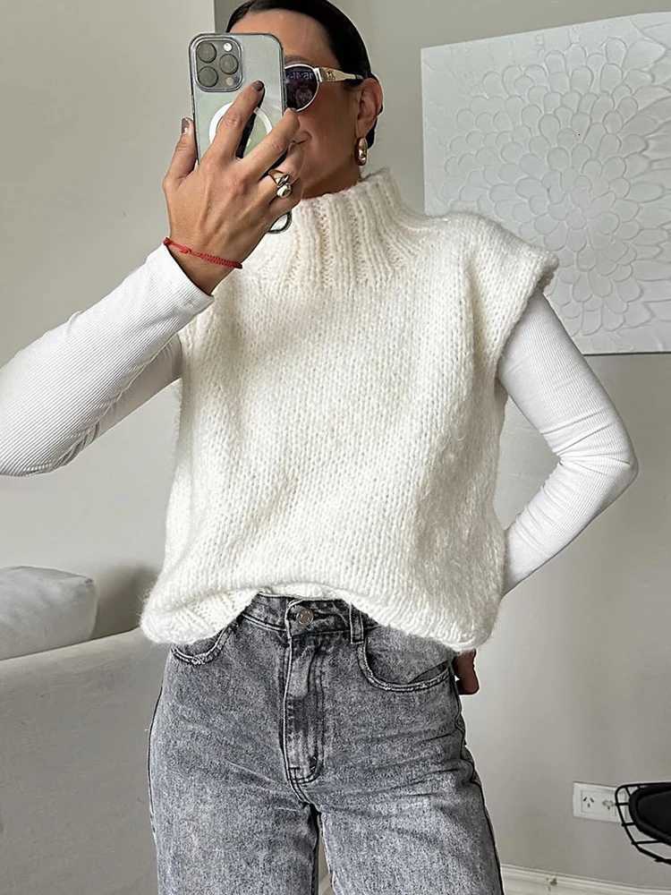 Women's T-Shirt JULISSA MO Knit Turtleneck Pullover Women Sweater White Sleeveless Solid Casual Sweaters Autumn Winter Loose Outdoor Streetwear