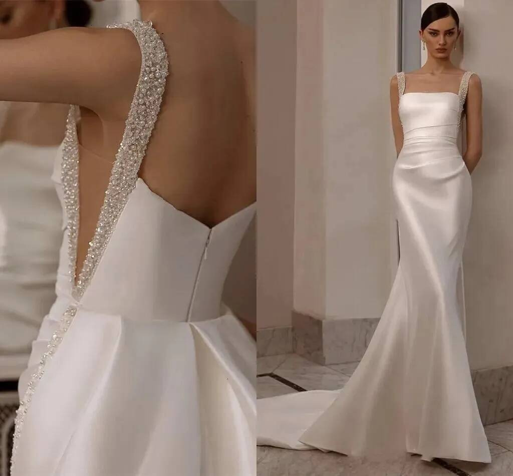 Elegant Silk Satin Mermaid Wedding Dress With Detachable Train Glitter Straps Beading Bridal Formal Gowns Graceful Vestidos De Novia Q921