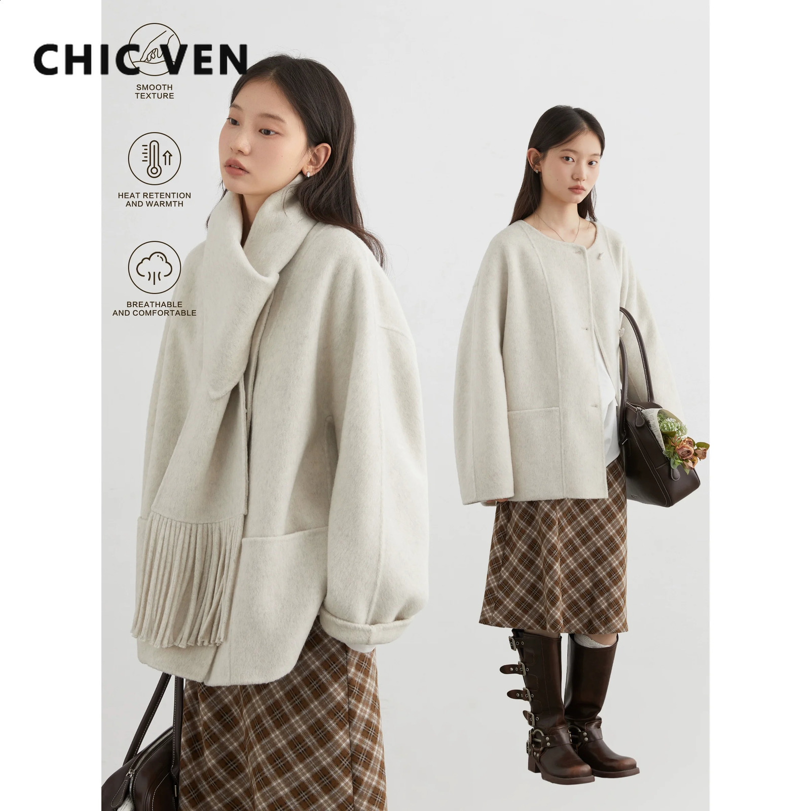 CHIC VEN Women Woolen Coat Solid Loose Single-breasted Overcoats Double Sided Office Ladies Coat with Scarf Autumn Winter 260920
