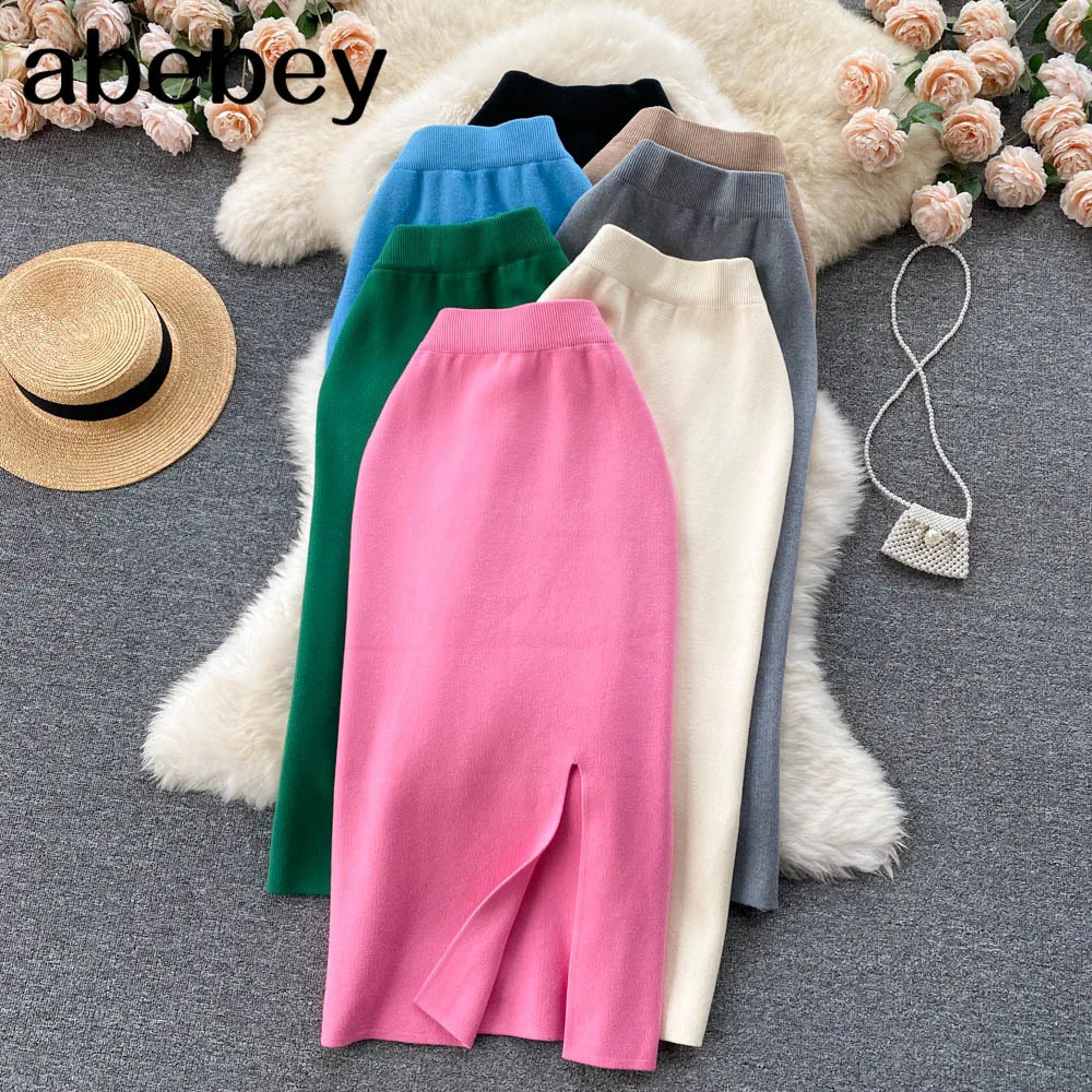 2026 Women Sweater Skirt Pencil Midi Knitted Skirt High Waist Skirts Womens Winter Long Warm Knitting Skirts Split 260918