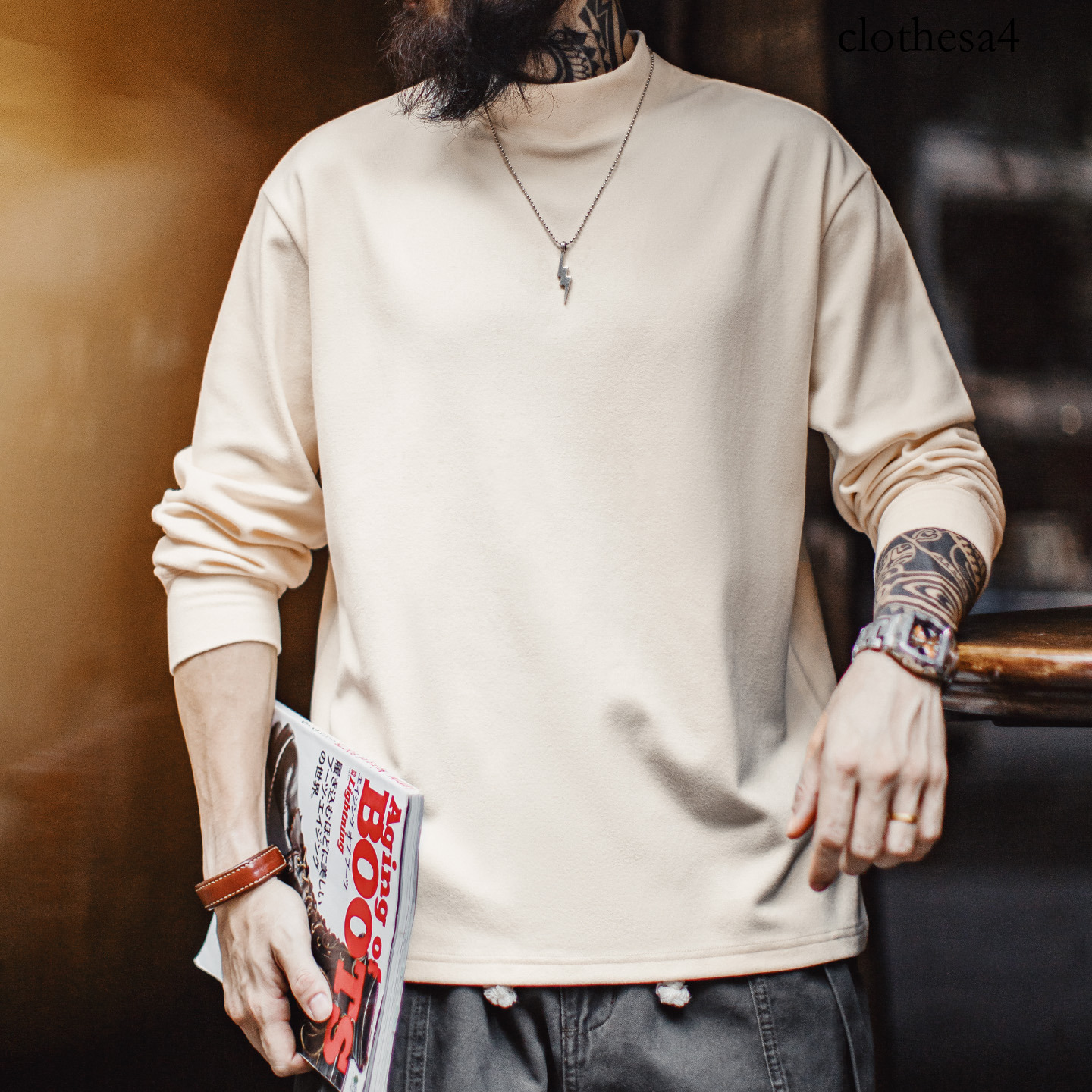 Maden Men's High Neck Warm Long Sleeve T-shirt Antibacterial Thermal Underwear Thickened Fleece Anti-Static Tops for Winter