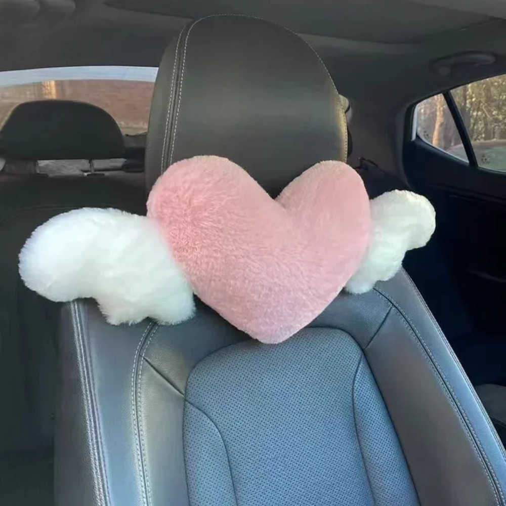Seat Covers Love Car Wings Heart-Shaped Plush Car Headrest Neck Pillow Soft Cute Kawaii Car Seat Accessory - Unique Auto Interior Cushion J260919