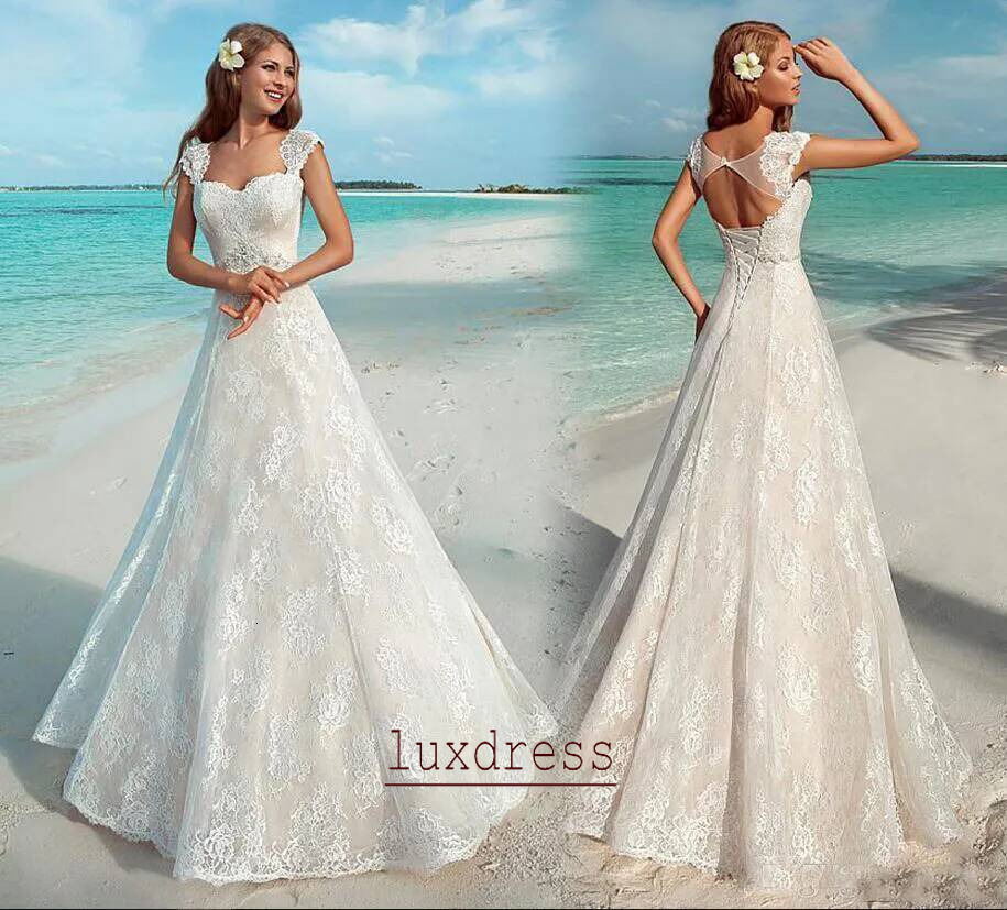 Elegant Summer Beach Wedding Gowns Vintage Full Cap Sleeve Sexy Open Back Lace Up Bridal Dress Custom Made