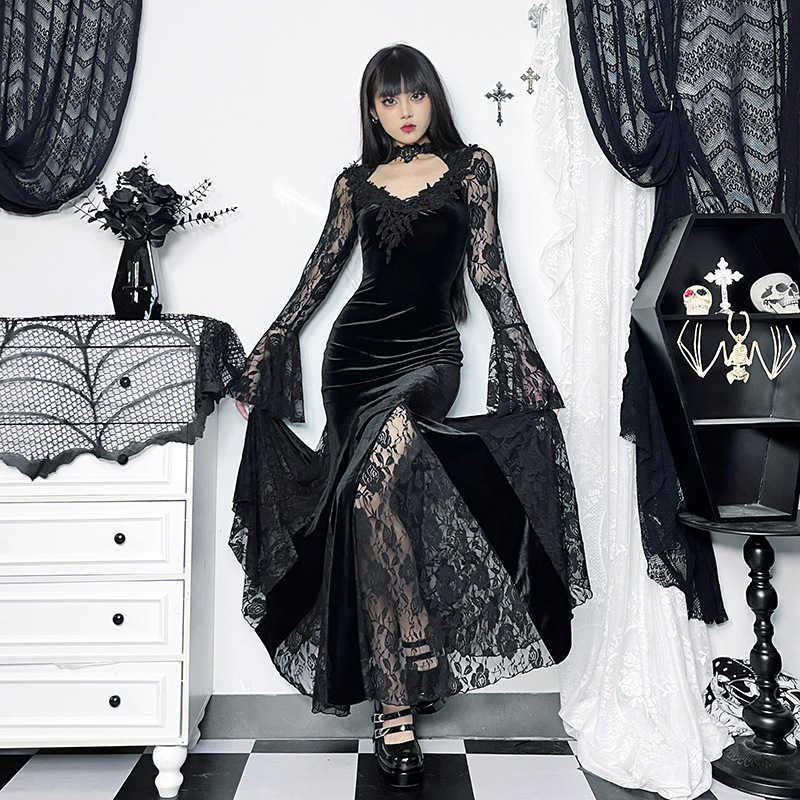 Costume da donna Nuovo tema Halloween Giorno dei morti Cosplay Strega Abito sexy slim Goth scuro Pizzo coda di pesce Maniche lunghe Festa a tema Out