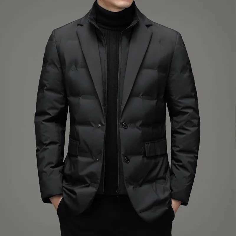 Men's Solid Color Detachable Stand Collar Long Sve Casual Business Trendy Down Coats Winter New Fashion Suit Blazers Clothes Q260921
