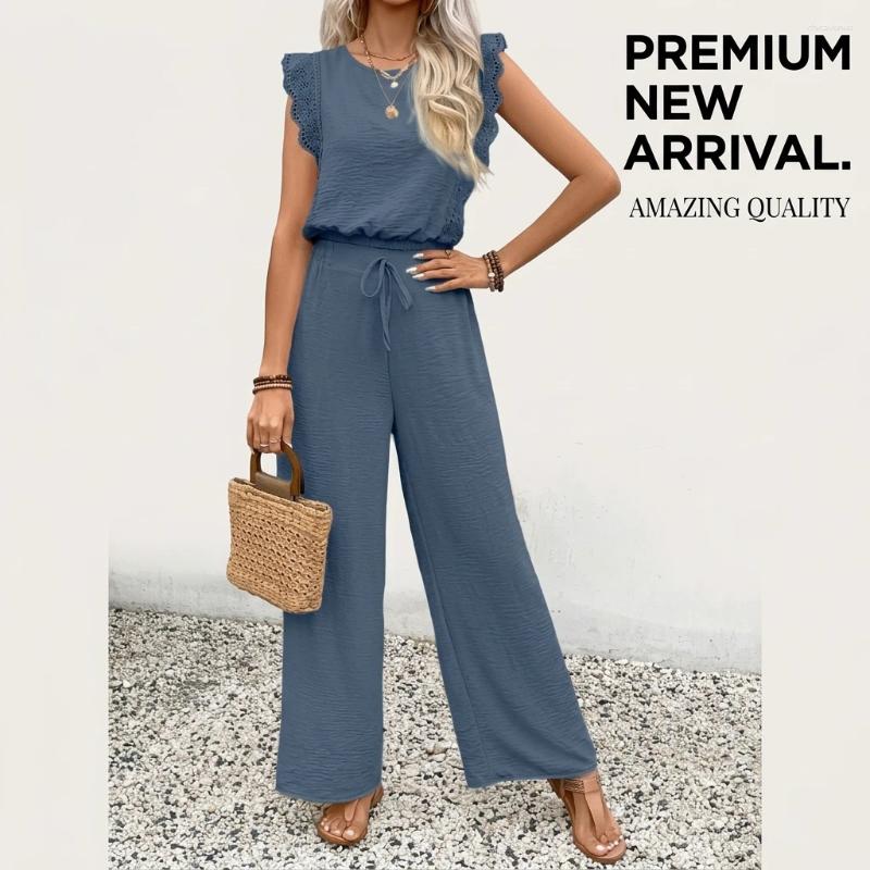 Women's Two Piece Set Sleeveless Lace Trim Top And Wide Leg Long Pants Casual Summer Loungewear