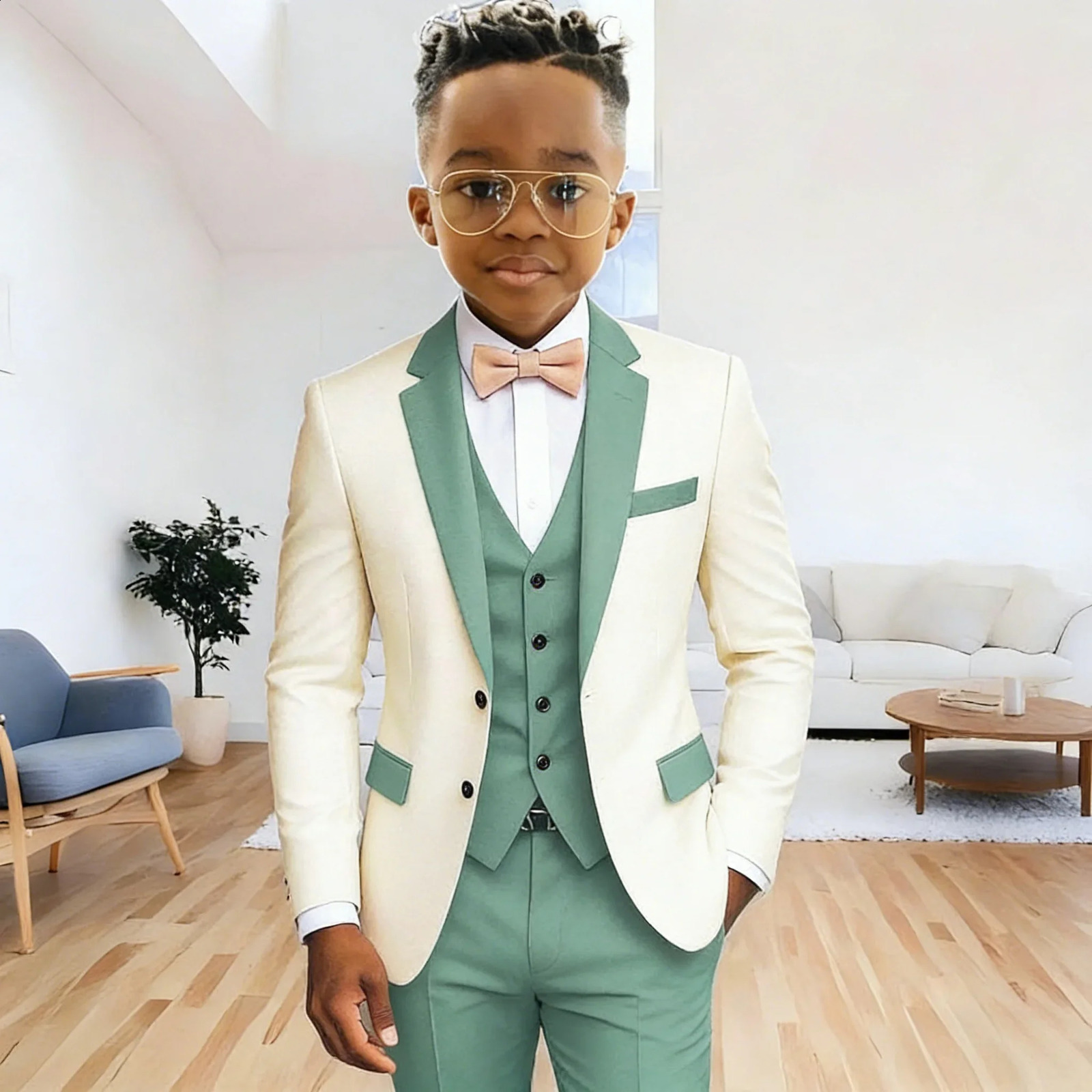 Abito da ragazzo avorio in 3 pezzi Giacca gilet Pantaloni con risvolto con risvolto Set formale Smoking per bambini 2-16 anni Festa di ballo di nozz