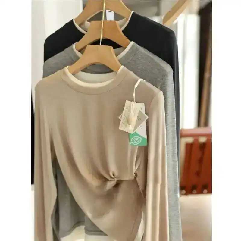 Women's T-Shirt Acetate Wool Blend Fake Two Piece Layered Knitted T Shirt Women Autumn Winter Round Neck Long Sleeve Undershirt Q260921