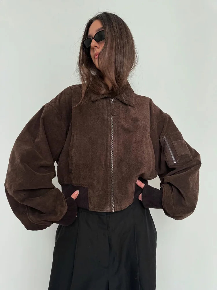 Women Brown Short Suede Bomber Jacket Lapel Long Sleeve Zipper Pocket Cropped Coat Autumn Lady Fashion High Street Outwear 260920