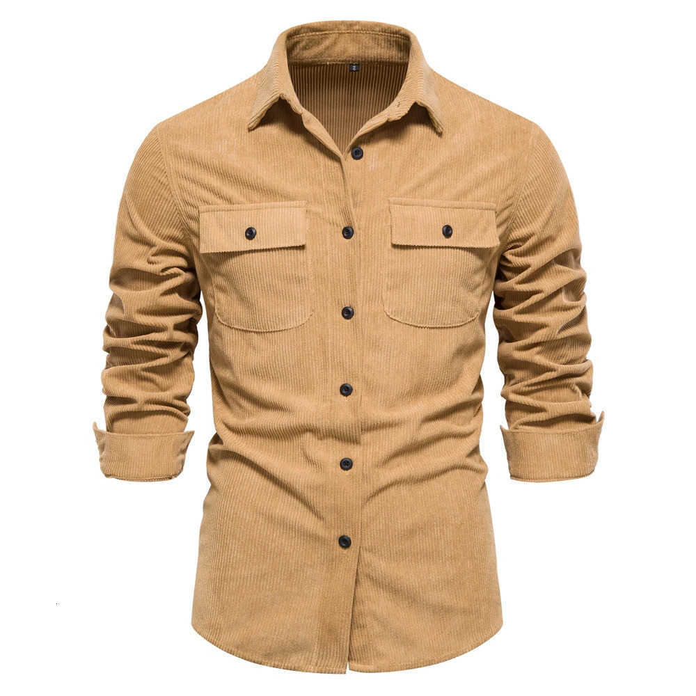 2023 Men's Casual Shirts AIOPESON New Solid Color Shirt Corduroy Shirt for Men Business Casual Pocket Men's Shirt Thicken Autumn Men Shirt