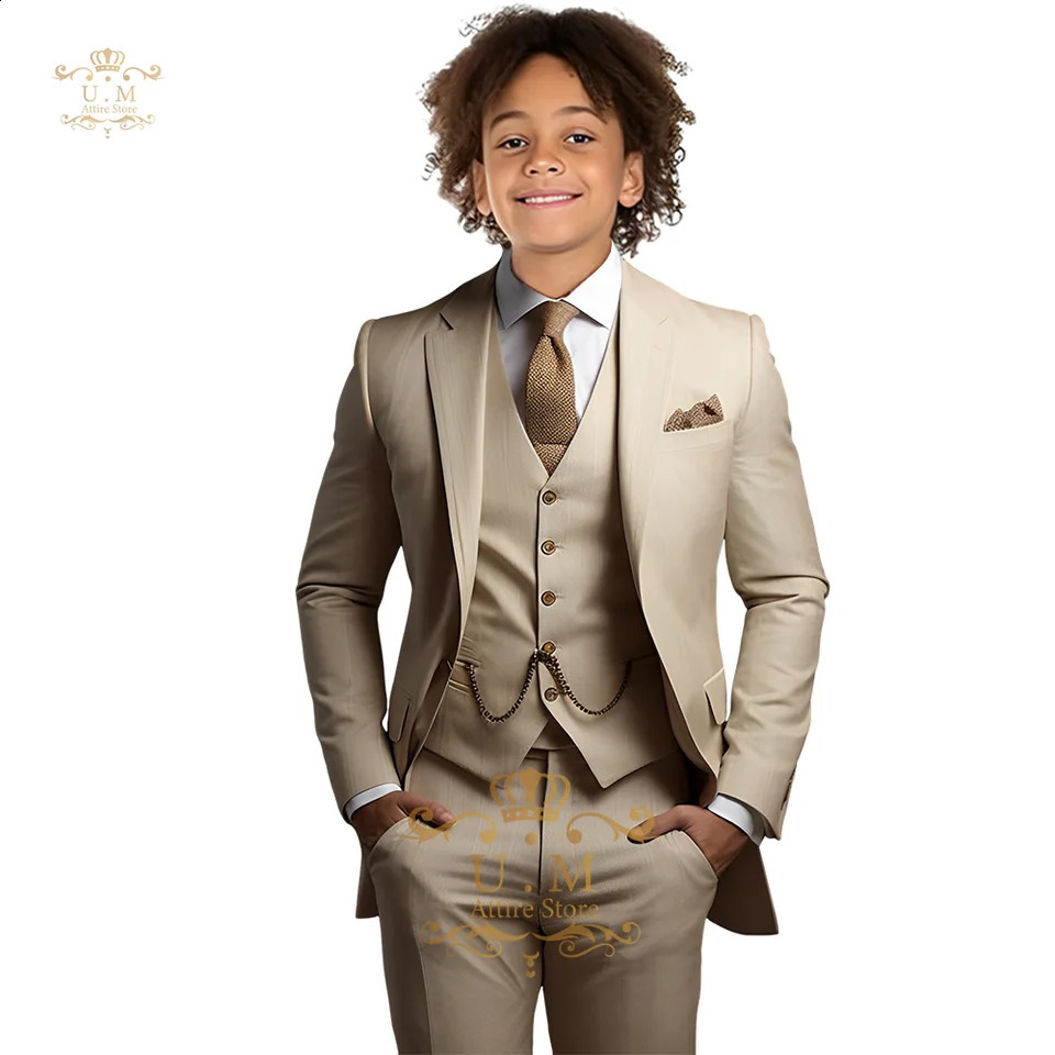 Abito da uomo in 3 pezzi kaki, giacca, gilet, pantaloni, risvolto, monopetto, classico, per bambini, smoking, compleanno, matrimonio, paggio, festa