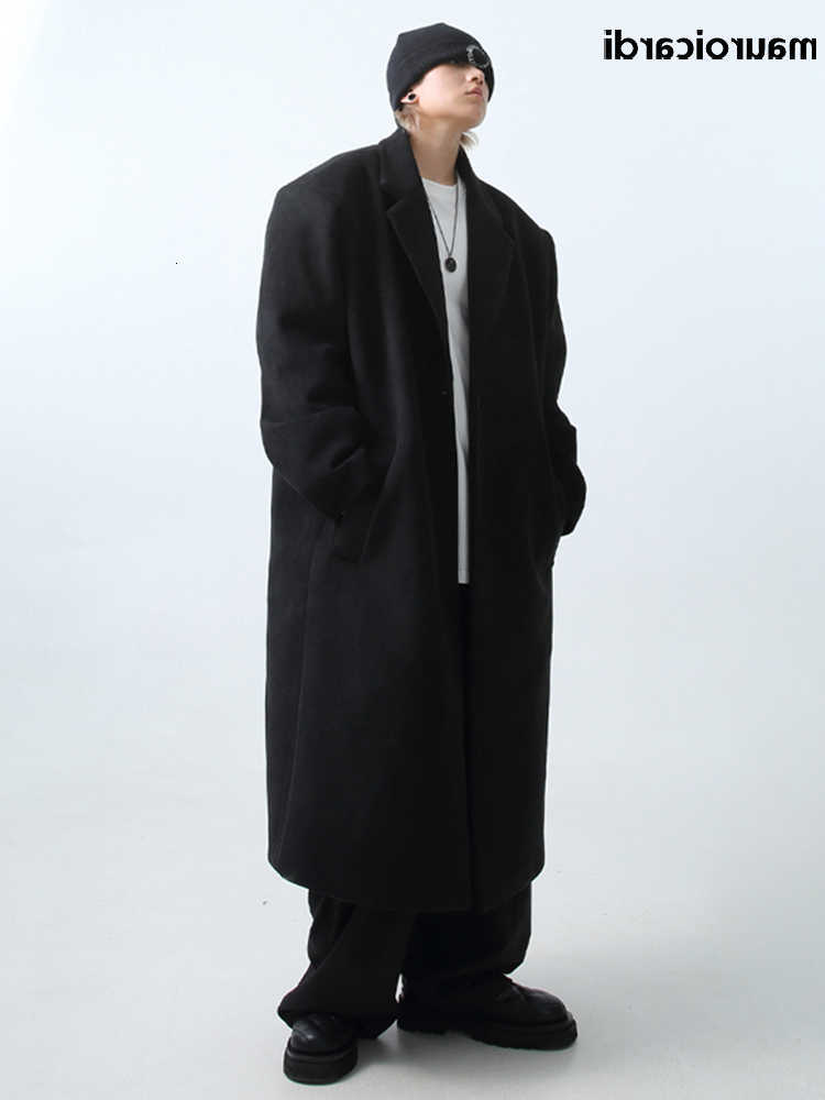 Mauroicardi Blends Men's Autumn Wool Winter Long Oversized Warm Soft Black Trench Coat Men with Shoulder Pads Loose Casual Korean Fashion Overc