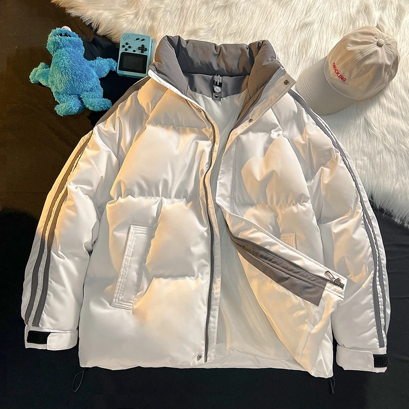 Men Stand Collar Puffer Jacket Two Striped Sleeve Cotton Padded Coat Loose Casual Zip Up Warm Winter Outerwear Windproof Male St 260920