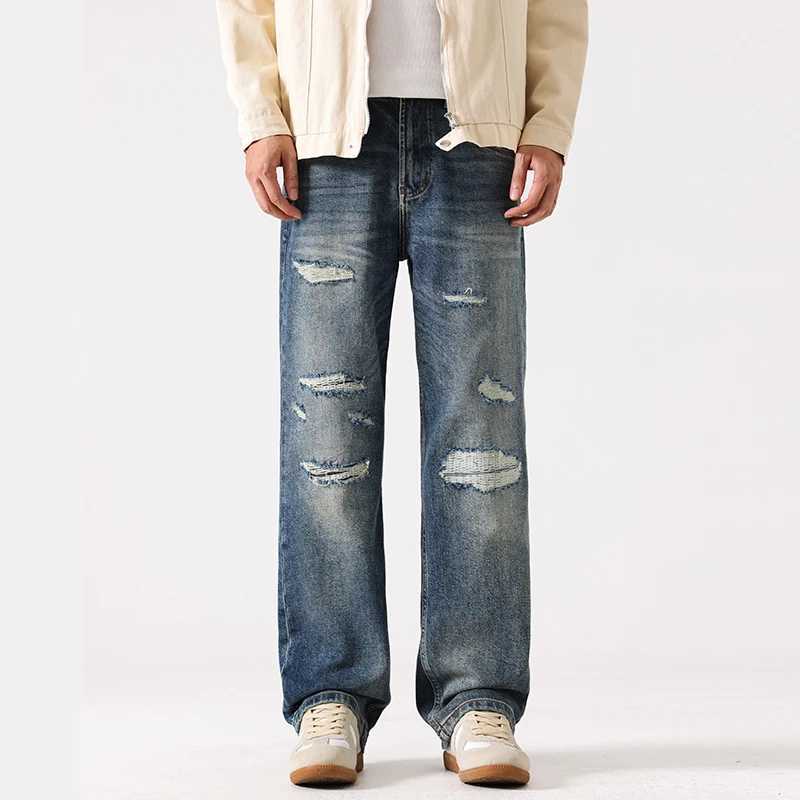 202 Spring Summer Autumn New Cotton Vintage Ripped Design Jeans for Men Clothing Comfort Zipper Straight Trousers S260921C93J