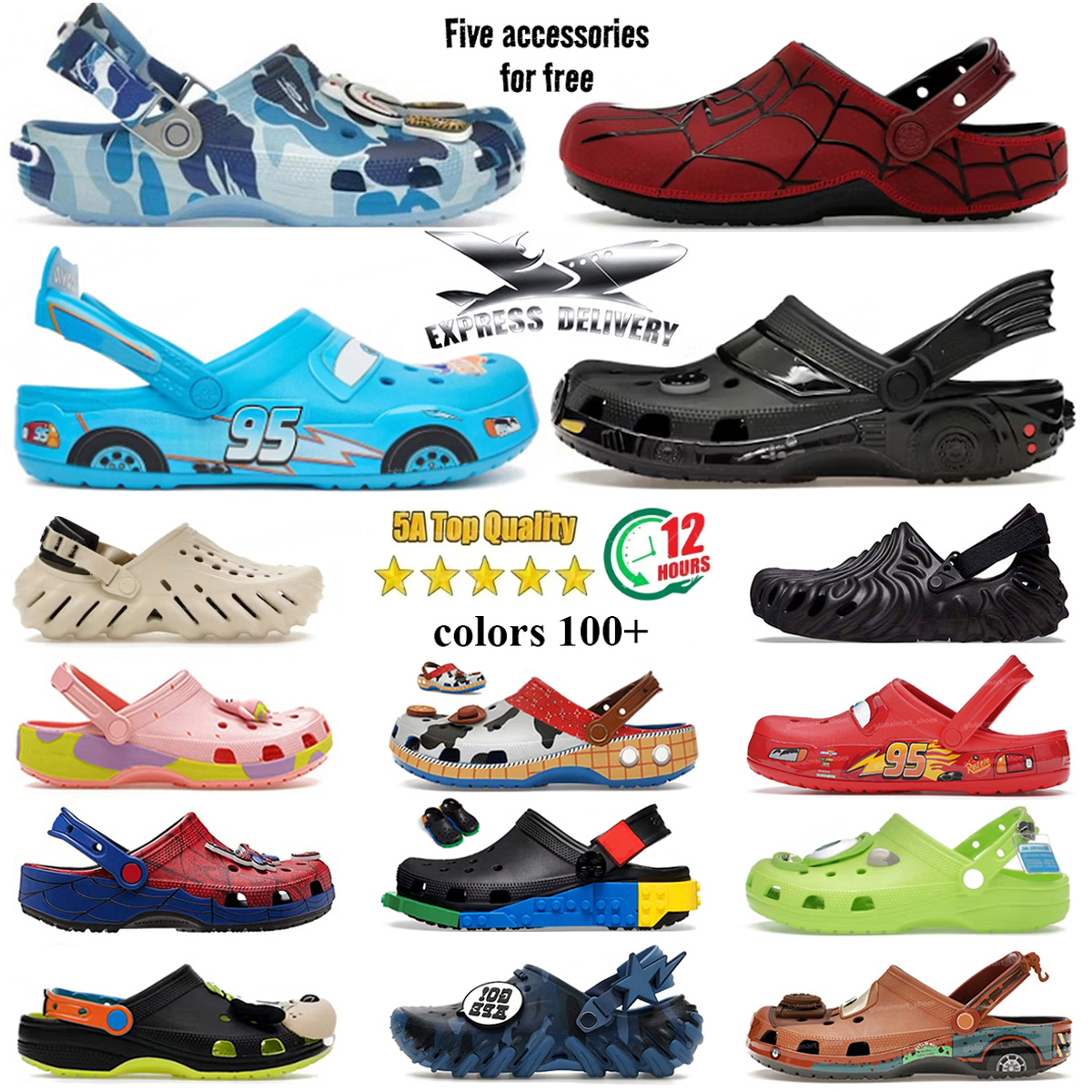 Designer crocodile slides classic clogs slippers blue red lightning car spider bat Black white women men slide slipper Sandal Shoes summer sandale S