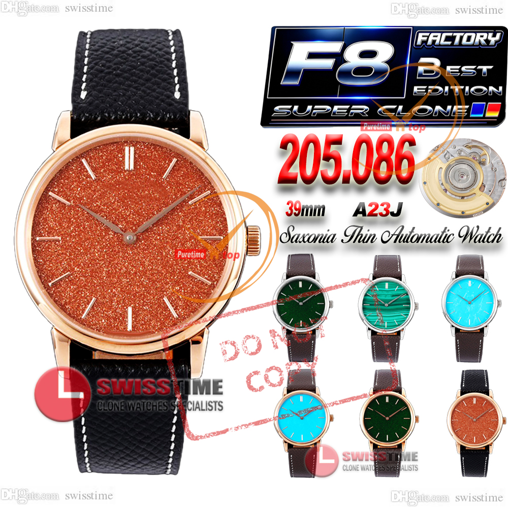 Thin 205.086 Automatic Mens Watch F8F 39 Rose Gold Orange Gold Flux Stick Dial Brown Leather Strap With White Line Swisstime CHS Reloj Max Version S