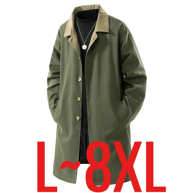 Plus Size 8XL Men Spring Trench Turn Down Collar Long Windbreaker Jacket Male Oversize Big Large Windproof Coat Autumn Outwear 260921