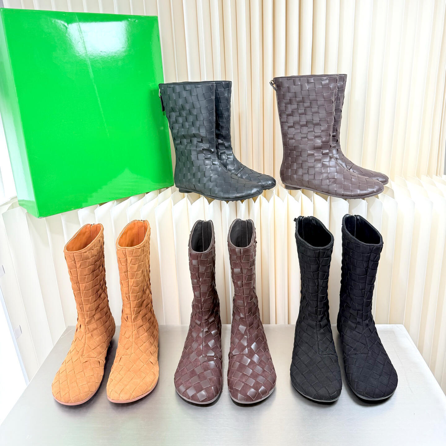 New Women Ankle Boots Atomic Round Toe Dress shoes High quality Elegant Suede Back Zipper Designer green Woven Mid Calf boot Chunky Heel Fashion lux